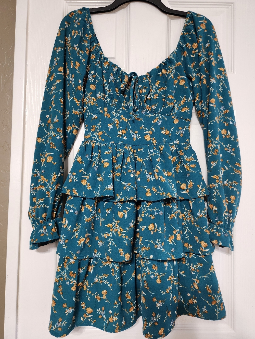 Teal Floral Tiered Long-Sleeve Mini Dress